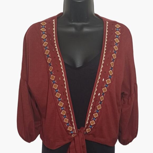AYLA Embroidered Cropped Cardigan Tie Front Womens Medium Rust - Picture 1 of 3